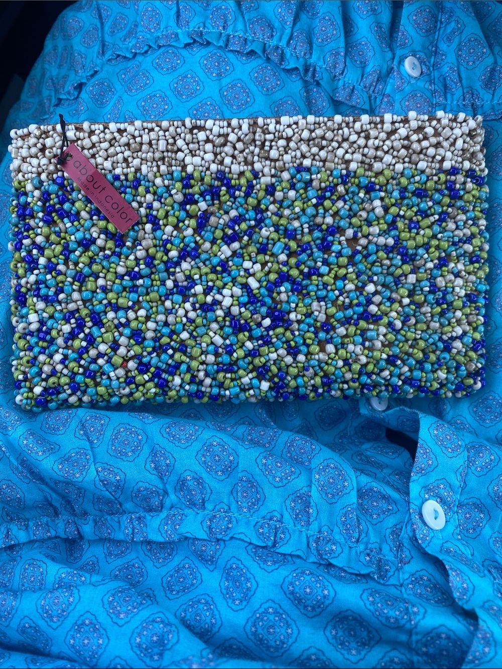 Beaded Clutch in Blue, Green & Cream
